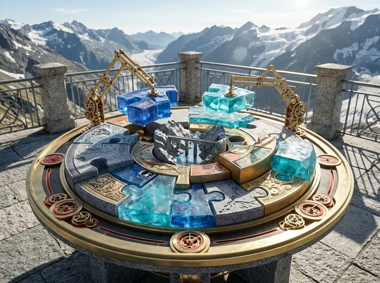 Ein runder Kartografietisch auf einer Bergterrasse, auf dem zwei Messing-Greifarme farbig geschnitzte Puzzleteile zu einem Alpenrelief zusammenfügen.